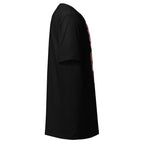 Black Printful trendy fashion t-shirt shown from side with short sleeves and crew neck