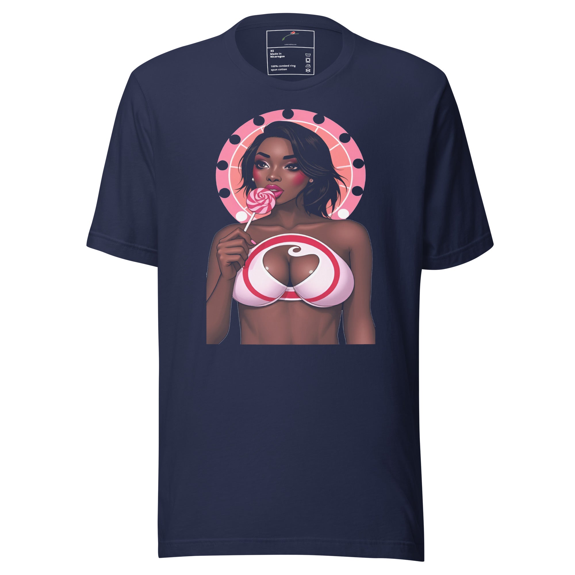 Printful trendy fashion t-shirt with graphic of woman holding a lollipop in pink and white outfit on navy blue