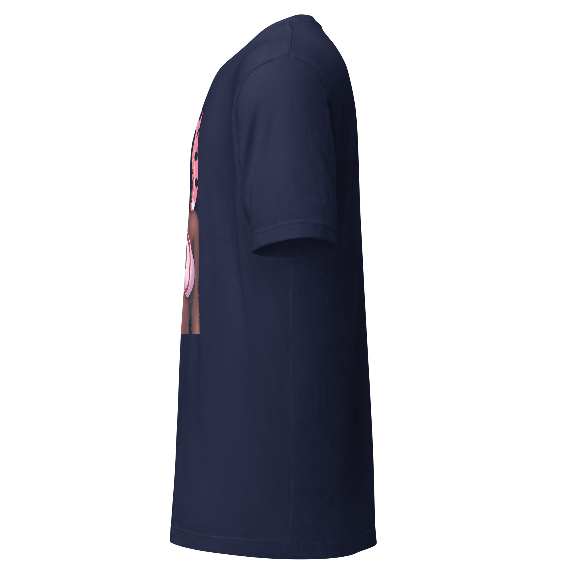 Printful navy trendy fashion t-shirt side view with short sleeves and graphic print