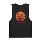 Black tank top with trendy palm tree graphic tank design and LuckeLadybug logo
