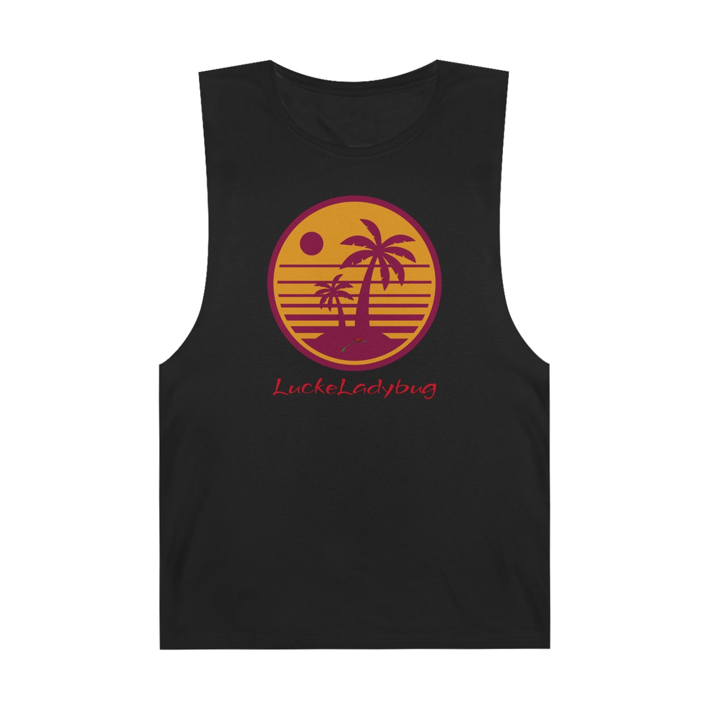 Black tank top with trendy palm tree graphic tank design and LuckeLadybug logo