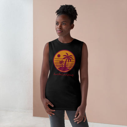 LuckeLadybug black trendy palm tree graphic tank with sunset design worn by woman