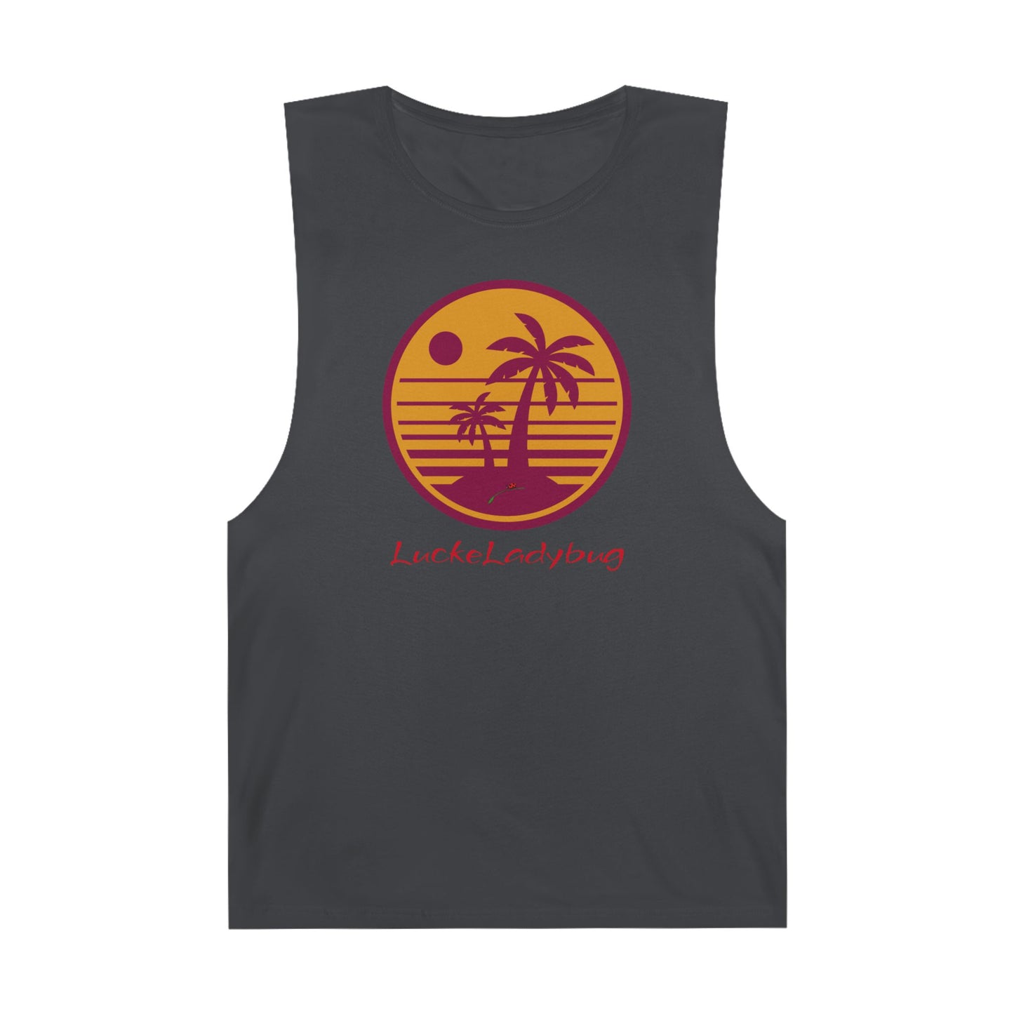 LuckeLadybug trendy palm tree graphic tank in dark gray with orange and red sunset design