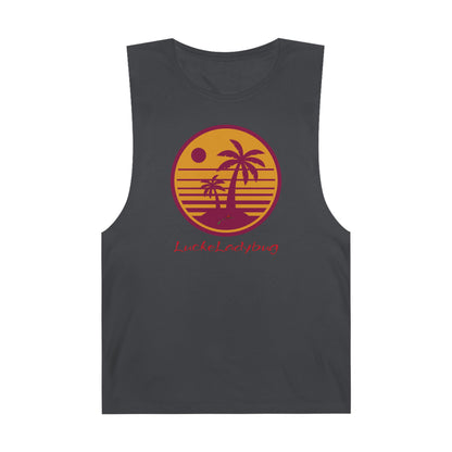 LuckeLadybug trendy palm tree graphic tank in dark gray with orange and red sunset design