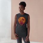 LuckeLadybug trendy palm tree graphic tank in black worn by woman with sunset design