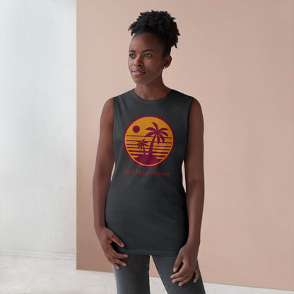 LuckeLadybug trendy palm tree graphic tank in black worn by woman with sunset design