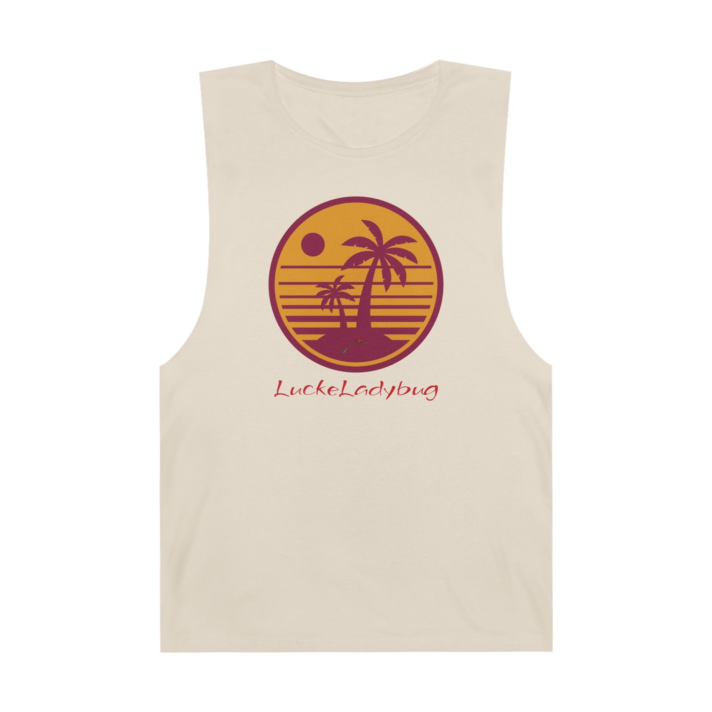 LuckeLadybug trendy palm tree graphic tank in beige with sunset and palm tree design