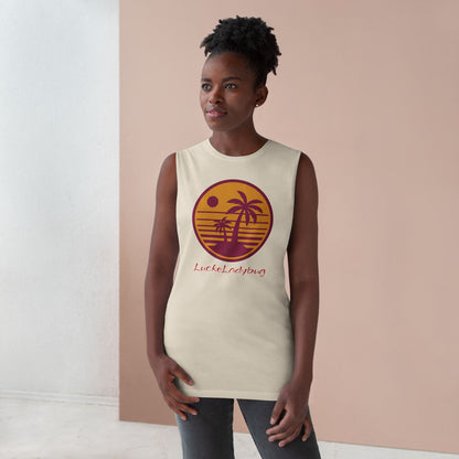 LuckeLadybug trendy palm tree graphic tank worn by woman with beige color and circular design