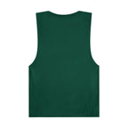 Back view of LuckeLadybug trendy palm tree graphic tank in solid dark green sleeveless design