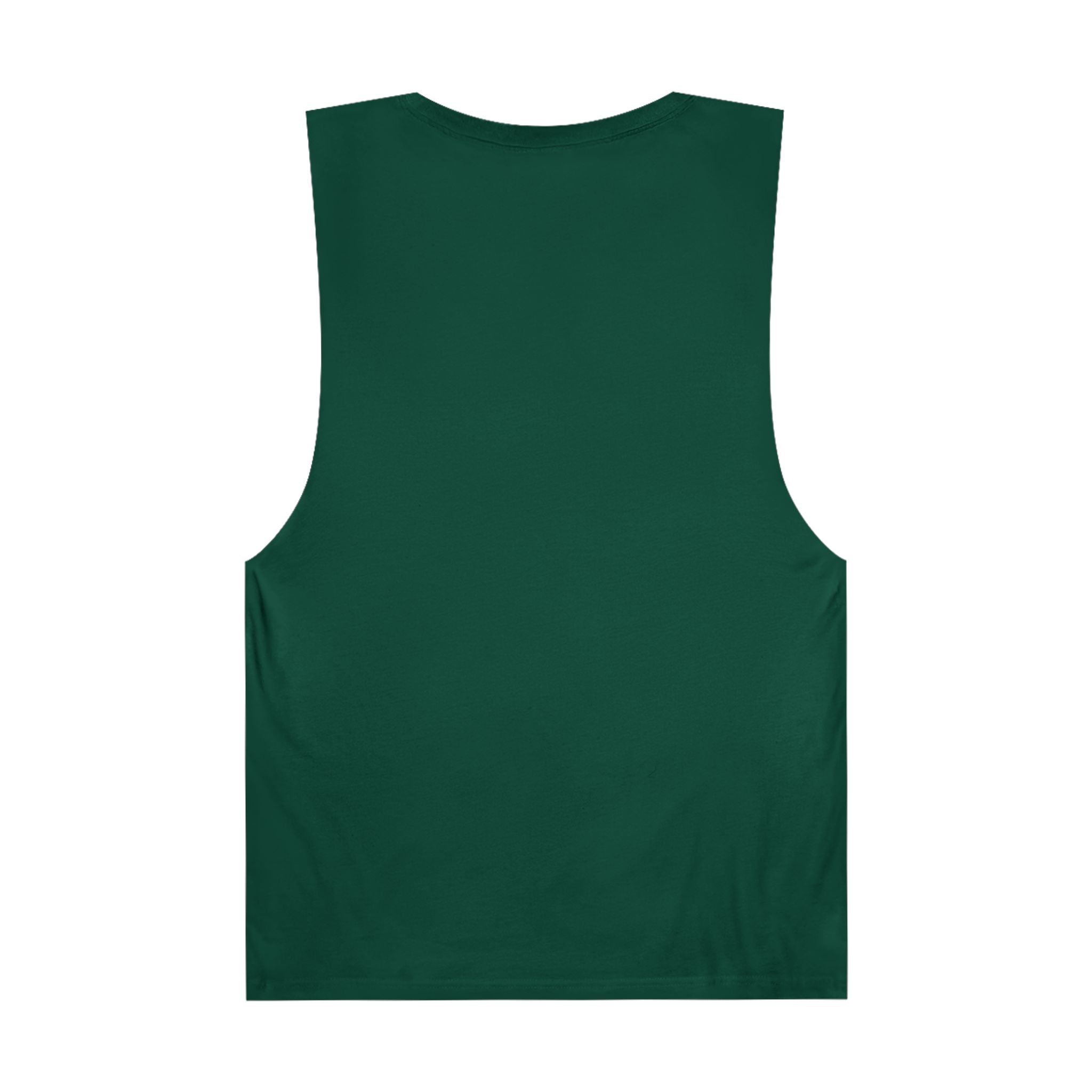 Back view of LuckeLadybug trendy palm tree graphic tank in solid dark green sleeveless design