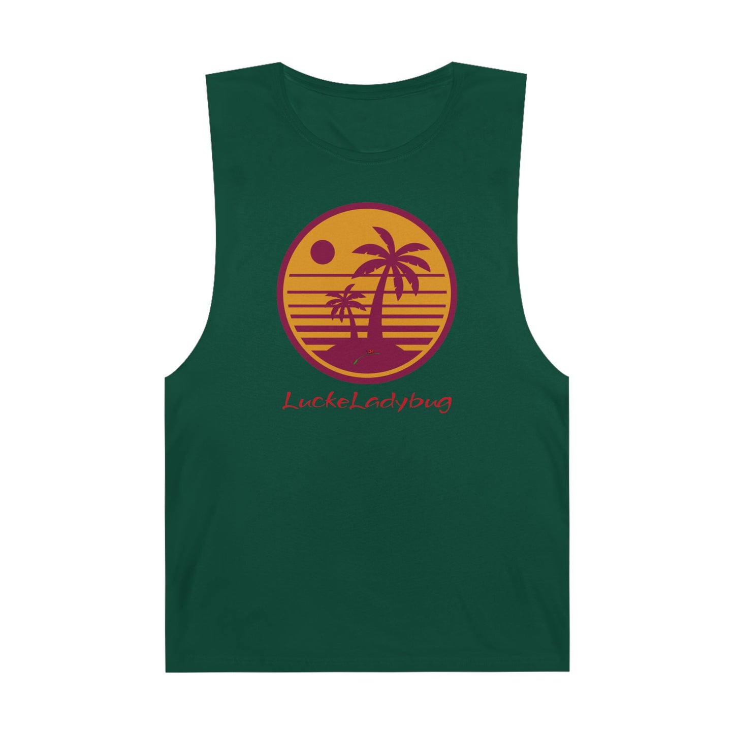 LuckeLadybug trendy palm tree graphic tank in dark green with sunset and palm tree design