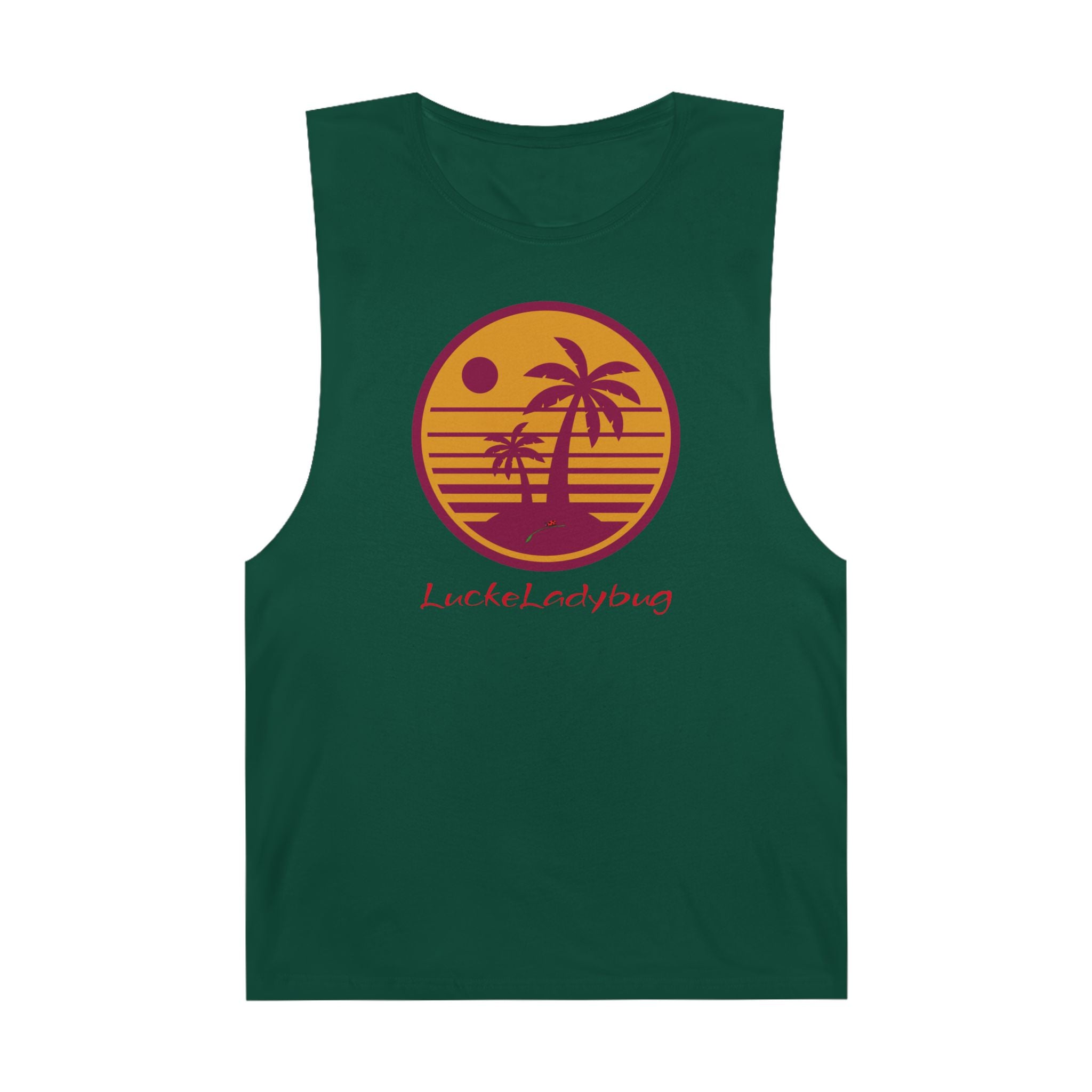 LuckeLadybug trendy palm tree graphic tank in dark green with sunset and palm tree design