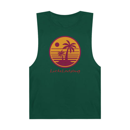 LuckeLadybug trendy palm tree graphic tank in dark green with sunset and palm tree design