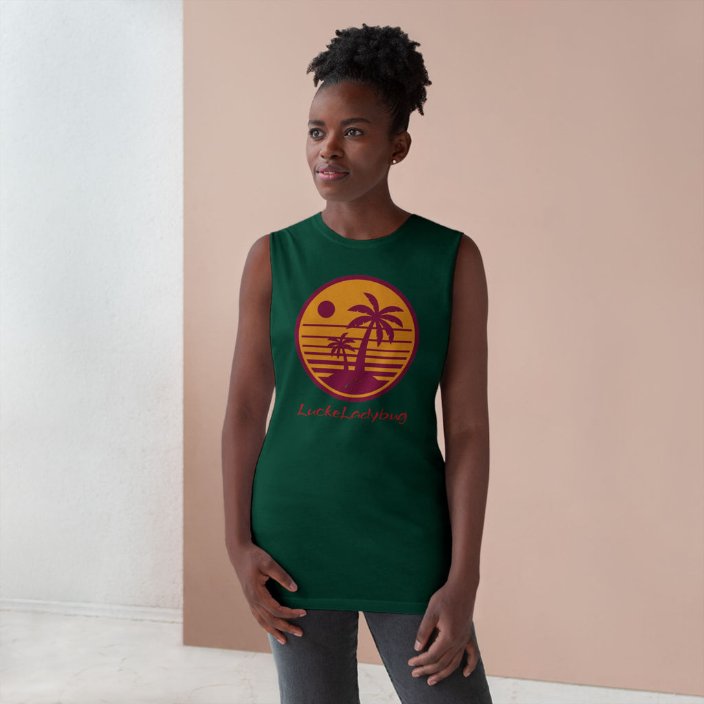 LuckeLadybug trendy palm tree graphic tank in dark green worn by woman with short curly hair