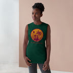 LuckeLadybug trendy palm tree graphic tank in dark green worn by woman with short curly hair