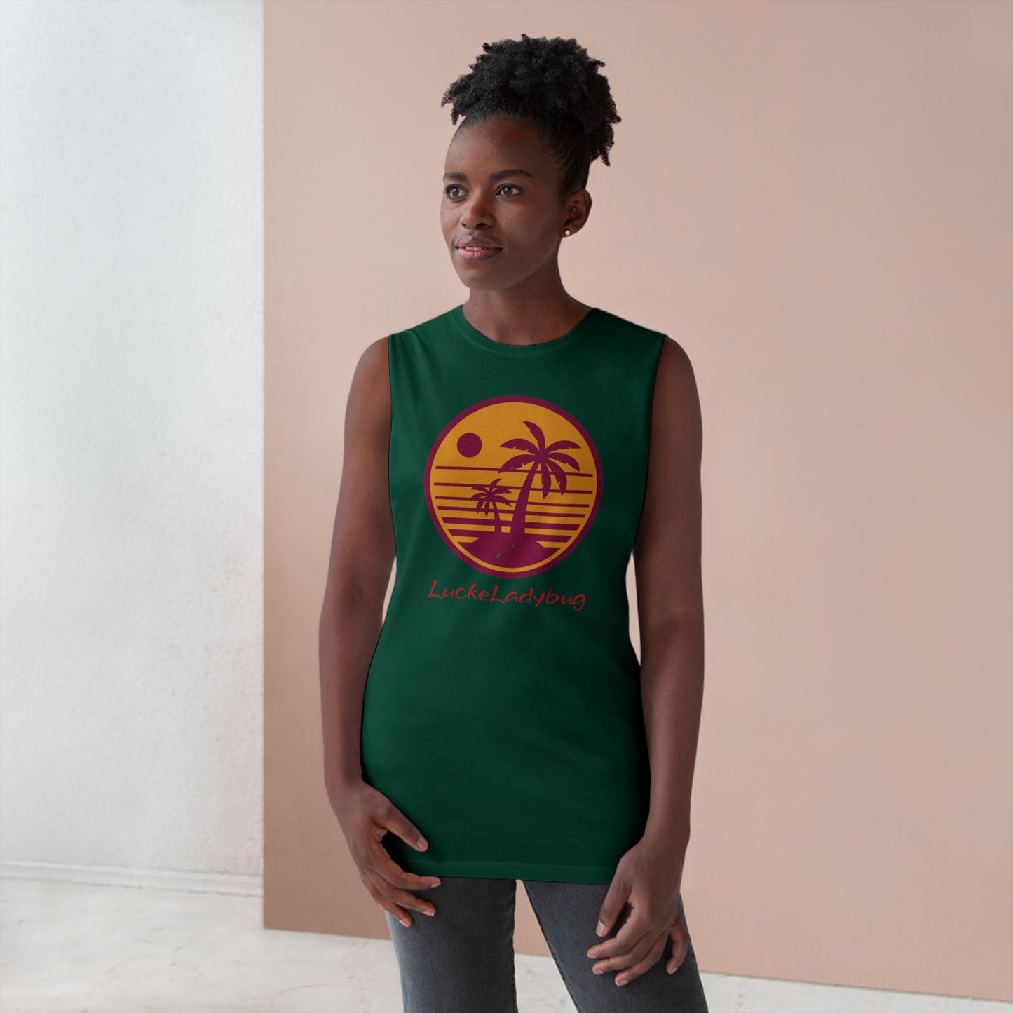 LuckeLadybug trendy palm tree graphic tank in dark green worn by woman with short curly hair