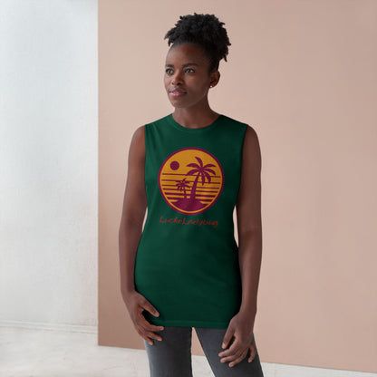 LuckeLadybug trendy palm tree graphic tank in dark green worn by woman with short curly hair