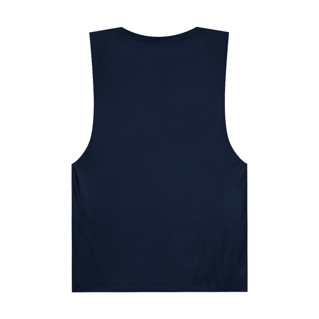 Back view of a navy blue trendy palm tree graphic tank by LuckeLadybug sleeveless casual top