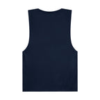 Back view of a navy blue trendy palm tree graphic tank by LuckeLadybug sleeveless casual top