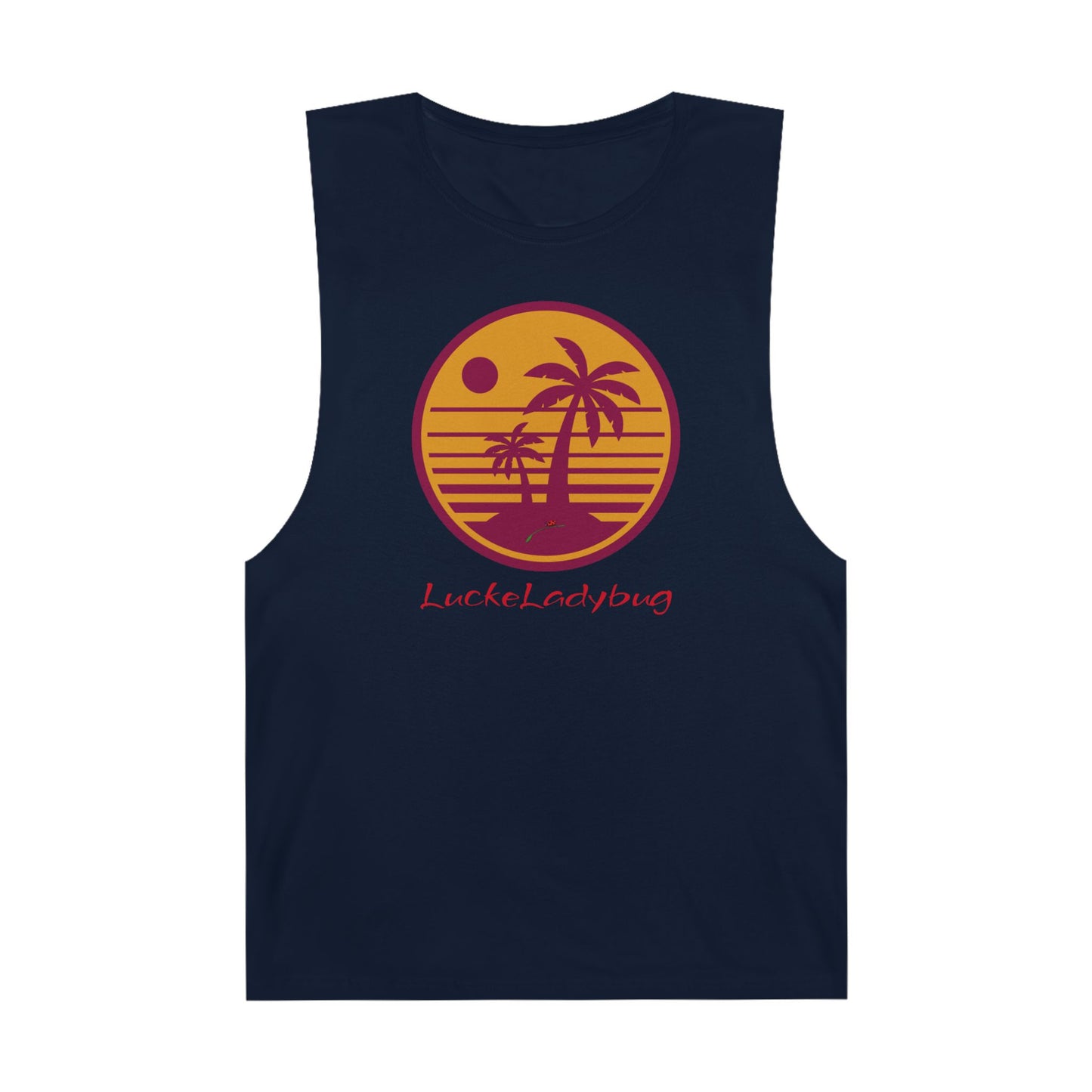LuckeLadybug navy tank top with trendy palm tree graphic tank design in orange and red