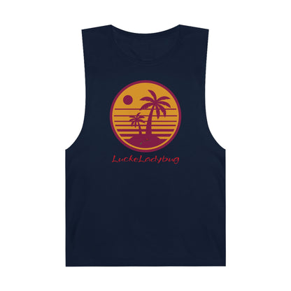 LuckeLadybug navy tank top with trendy palm tree graphic tank design in orange and red