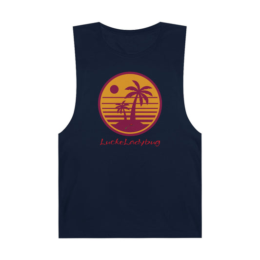 LuckeLadybug navy tank top with trendy palm tree graphic tank design in orange and red