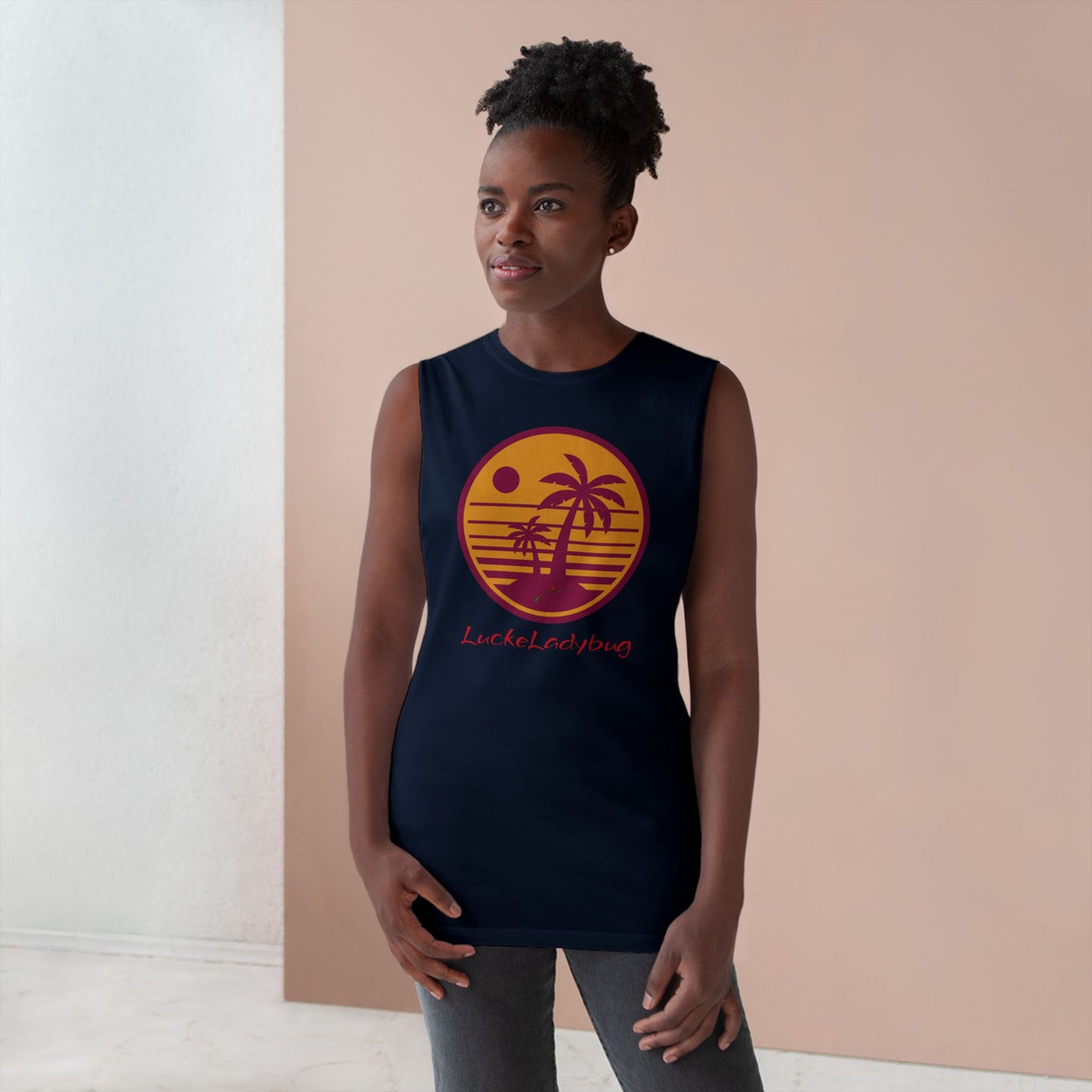 LuckeLadybug trendy palm tree graphic tank in black worn by woman with sunset palm print