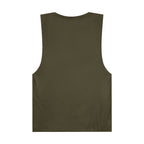 Back view of LuckeLadybug trendy palm tree graphic tank in olive green sleeveless design