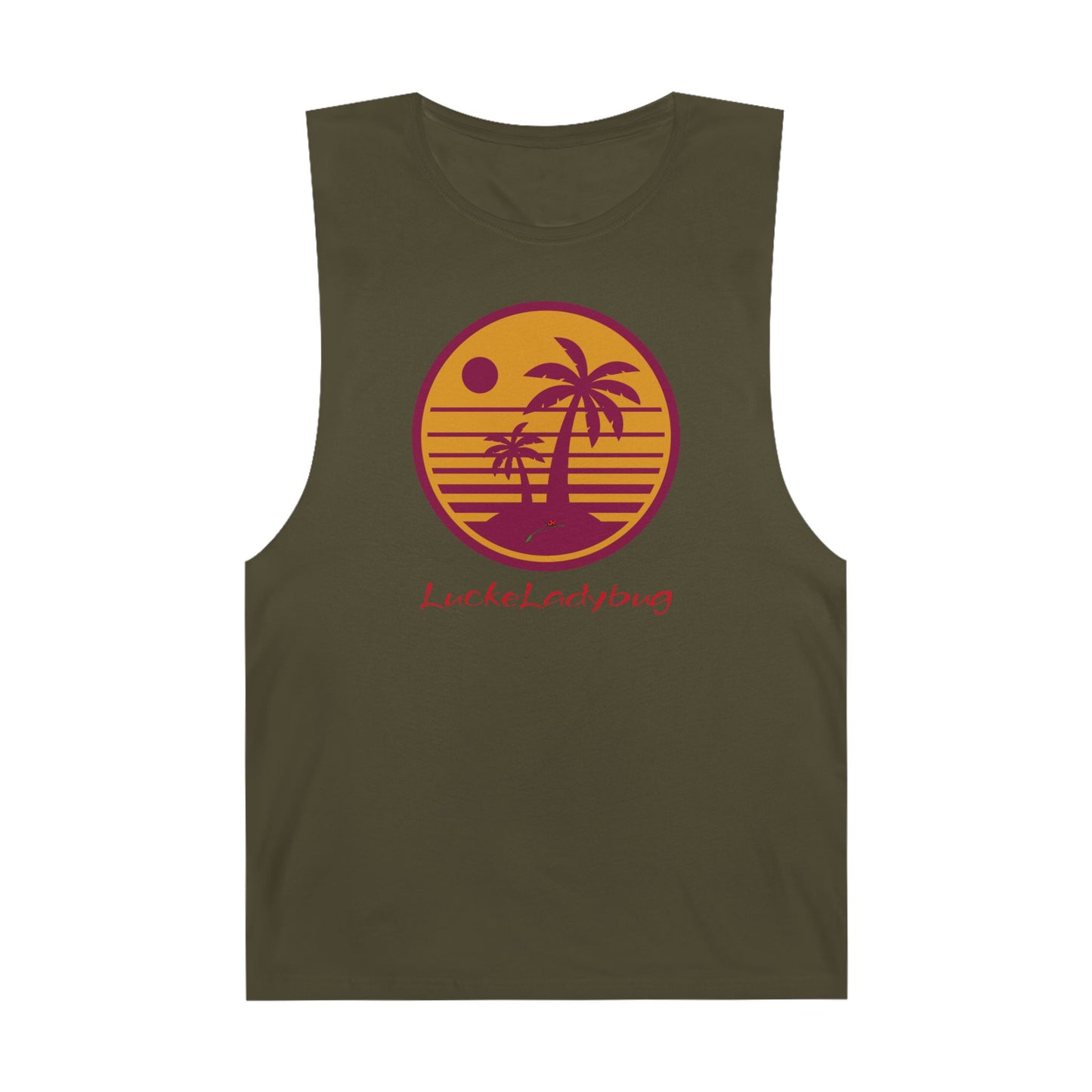 LuckeLadybug trendy palm tree graphic tank in olive green with sunset design