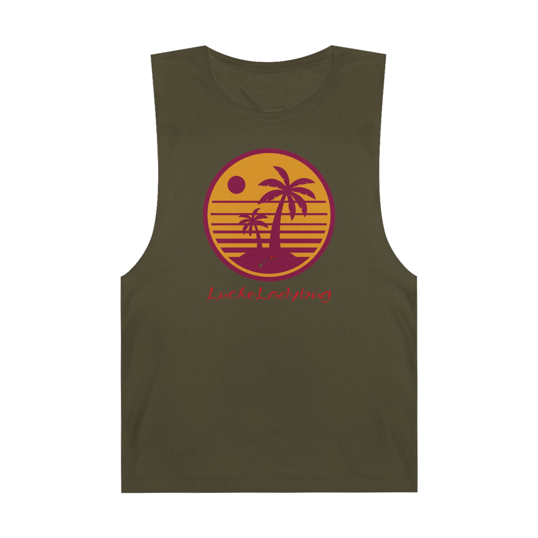LuckeLadybug trendy palm tree graphic tank in olive green with sunset design