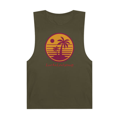 LuckeLadybug trendy palm tree graphic tank in olive green with sunset design