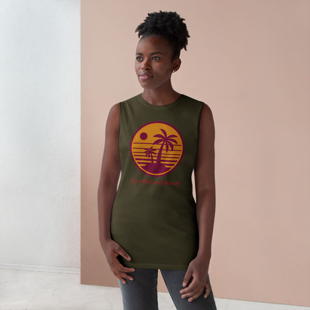 Trendy palm tree graphic tank by LuckeLadybug in olive green worn by woman indoors