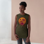 Trendy palm tree graphic tank by LuckeLadybug in olive green worn by woman indoors