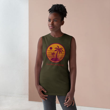 Trendy palm tree graphic tank by LuckeLadybug in olive green worn by woman indoors