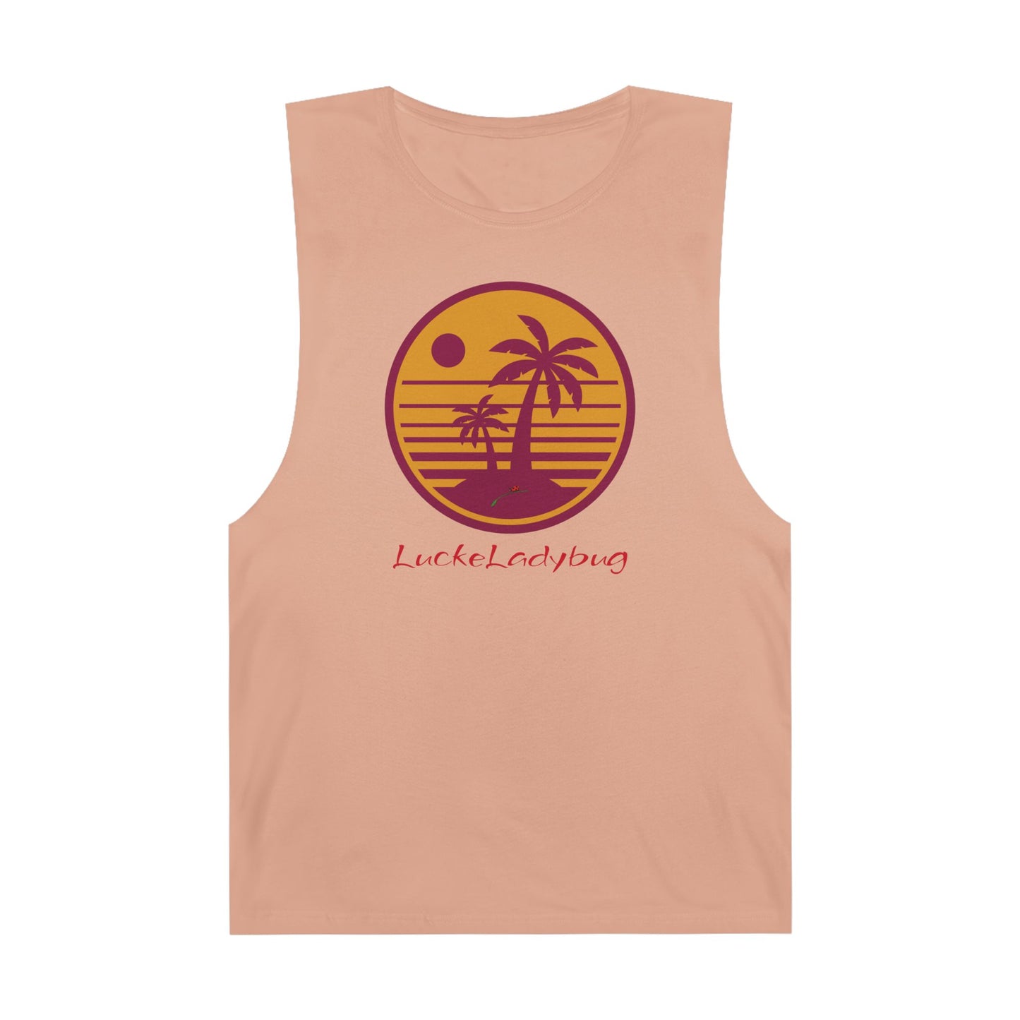 LuckeLadybug trendy palm tree graphic tank in peach with maroon and yellow sunset design