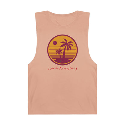 LuckeLadybug trendy palm tree graphic tank in peach with maroon and yellow sunset design