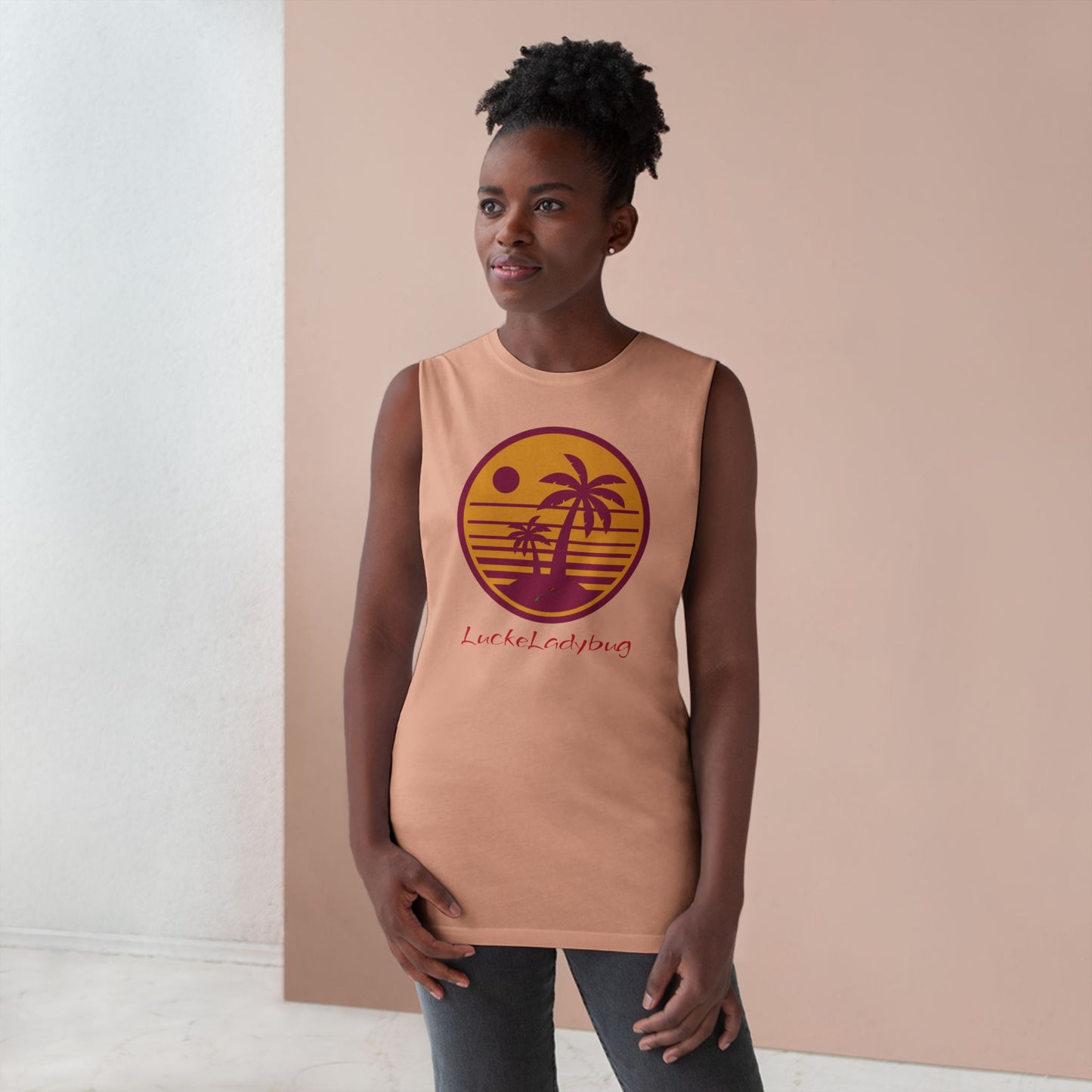 Trendy palm tree graphic tank by LuckeLadybug worn by woman with natural hair and neutral background