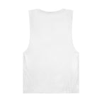 White sleeveless tank top from LuckeLadybug shown from back in trendy palm tree graphic tank style