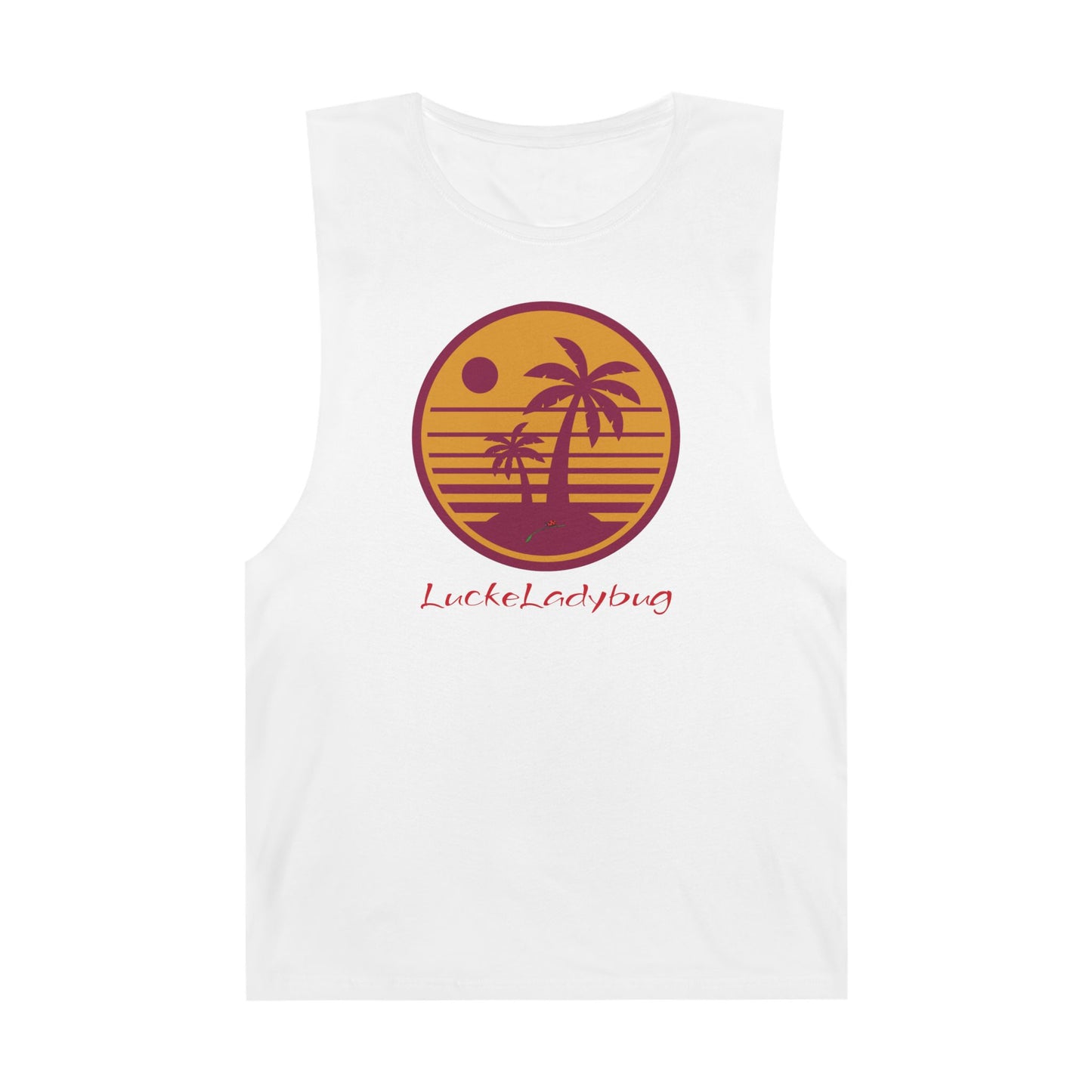 LuckeLadybug white tank top featuring a trendy palm tree graphic tank design with sunset colors