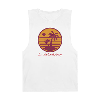 LuckeLadybug white tank top featuring a trendy palm tree graphic tank design with sunset colors