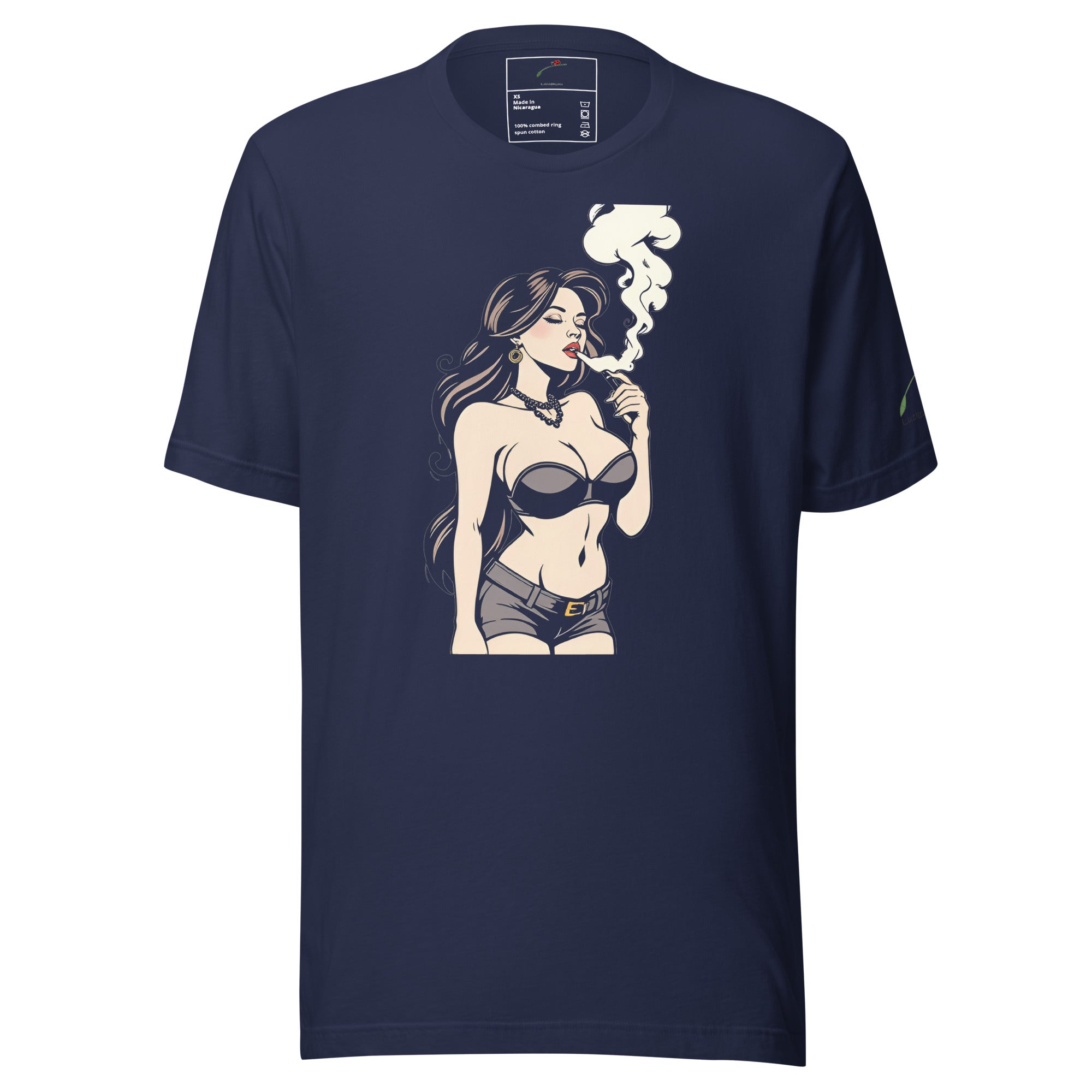 LuckeLadybug navy T-shirt featuring a trendy vape graphic tee with a woman vaping in stylish apparel