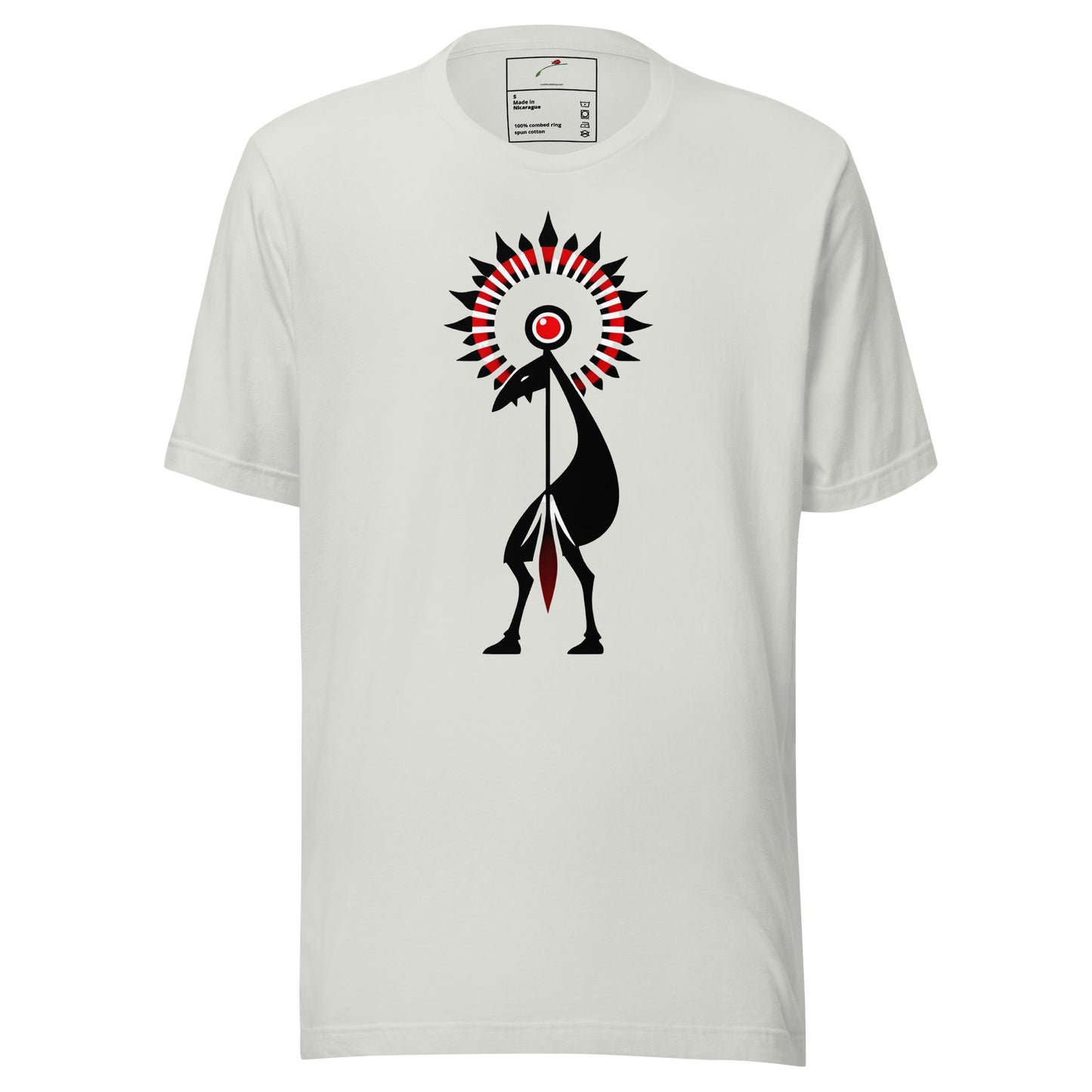 LuckeLadybug white cotton tribal graphic t-shirt featuring black and red stylized bird sunburst print