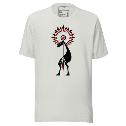 LuckeLadybug white cotton tribal graphic t-shirt featuring black and red stylized bird sunburst print