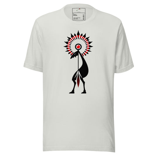 LuckeLadybug white cotton tribal graphic t-shirt featuring black and red stylized bird sunburst print
