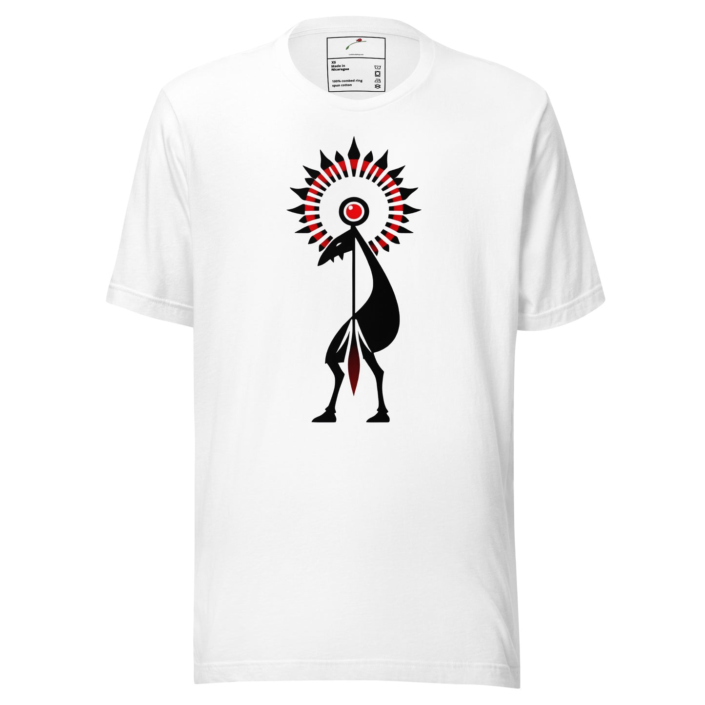 LuckeLadybug white cotton tribal graphic t-shirt with stylized black and red tribal bird design centered on chest