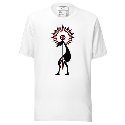 LuckeLadybug white cotton tribal graphic t-shirt with stylized black and red tribal bird design centered on chest