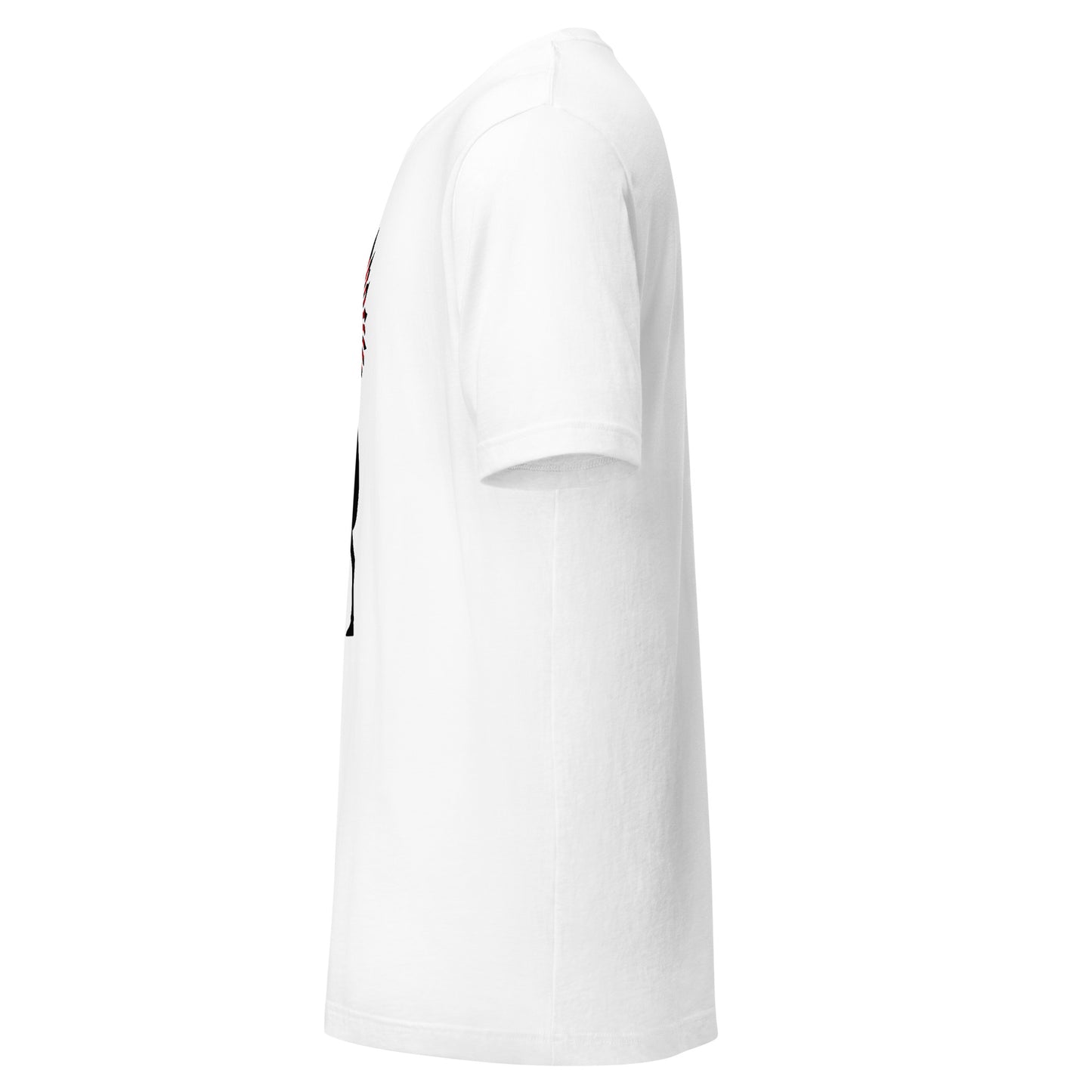 LuckeLadybug white cotton short sleeve tribal graphic t-shirt side view showing regular fit