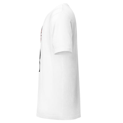 LuckeLadybug white cotton short sleeve tribal graphic t-shirt side view showing regular fit