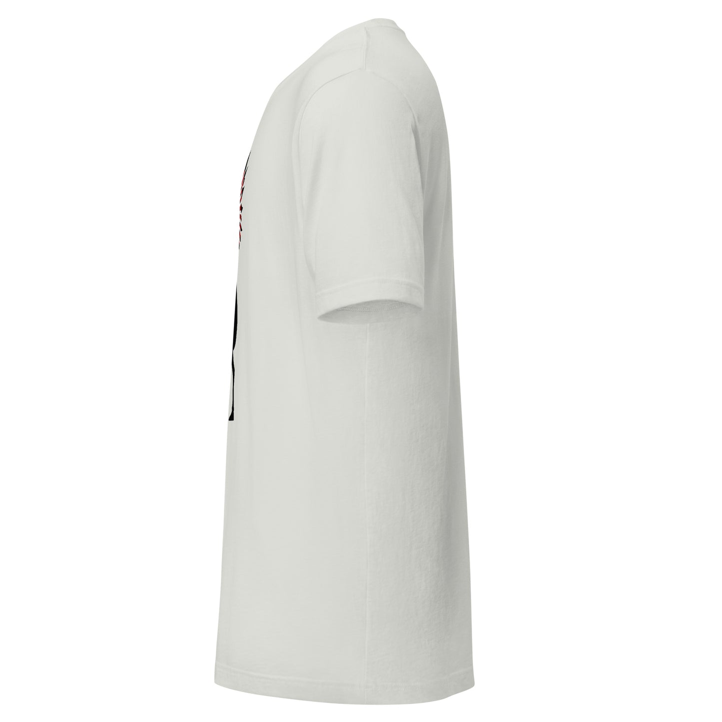 LuckeLadybug white crewneck tribal graphic t-shirt side view showing short sleeve and partial front design