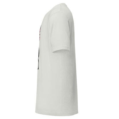 LuckeLadybug white crewneck tribal graphic t-shirt side view showing short sleeve and partial front design